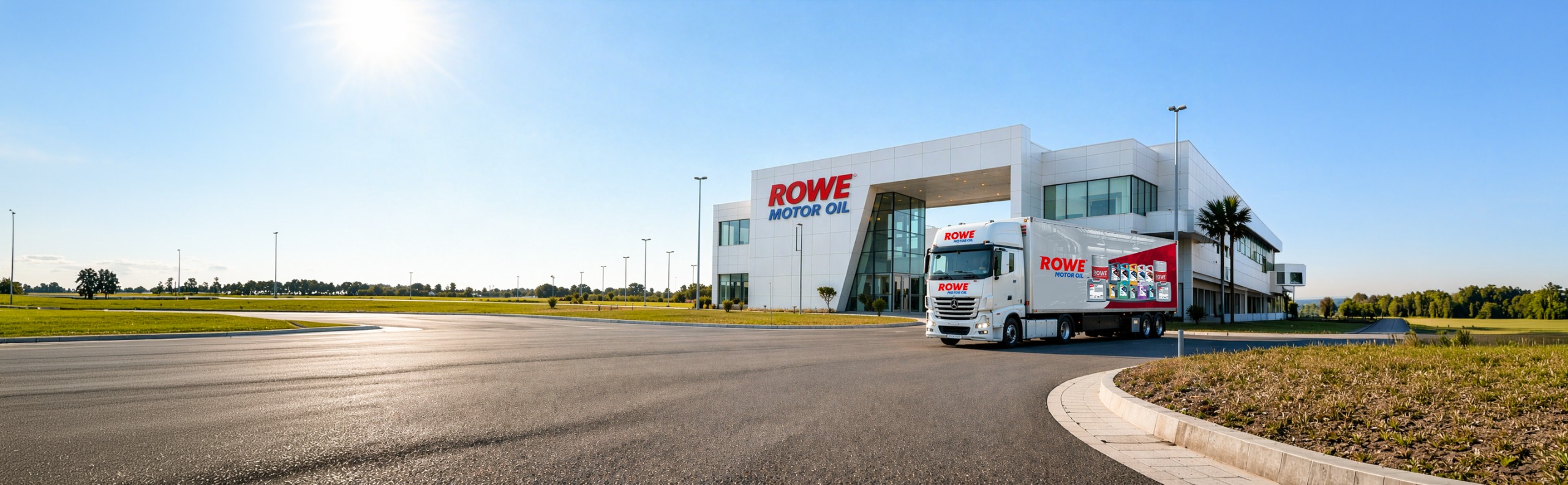 ROWE Motor Oil facility and delivery truck at sunset