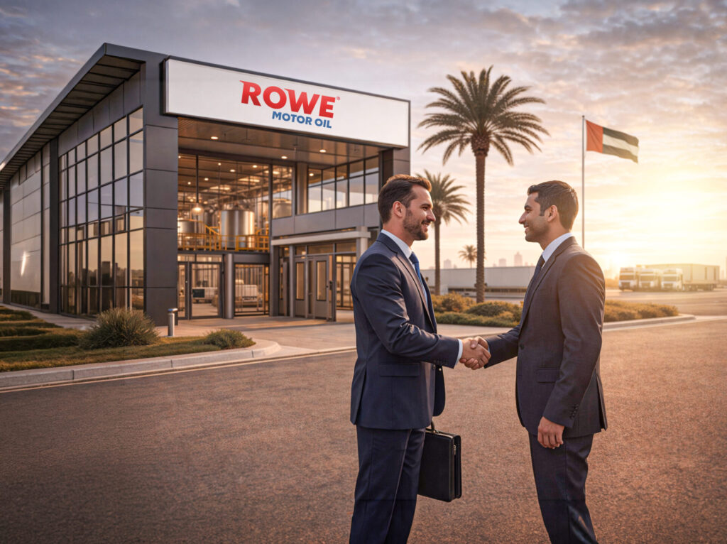 ROWE Motor Oil team meeting outside a UAE facility