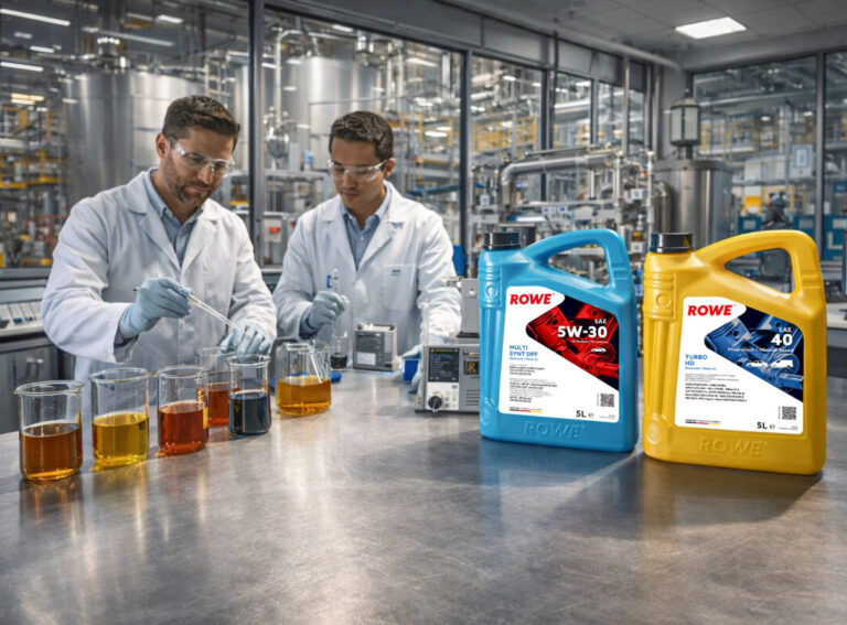 ROWE Motor Oil products and testing equipment in a laboratory